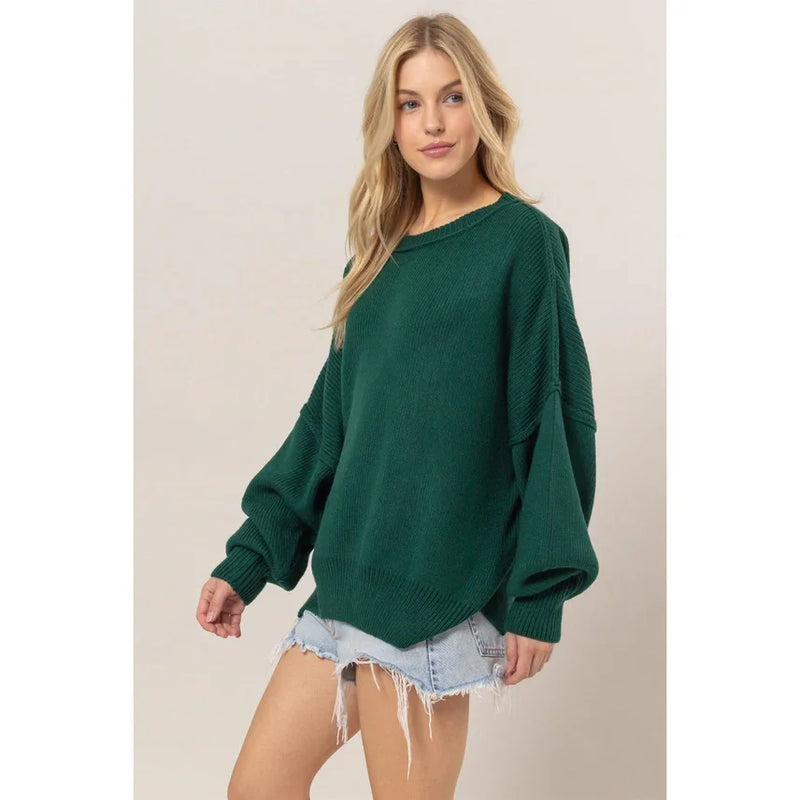 Forest green crewneck oversized sweater with balloon sleeves from Shop Daisy, women’s boho chic clothing