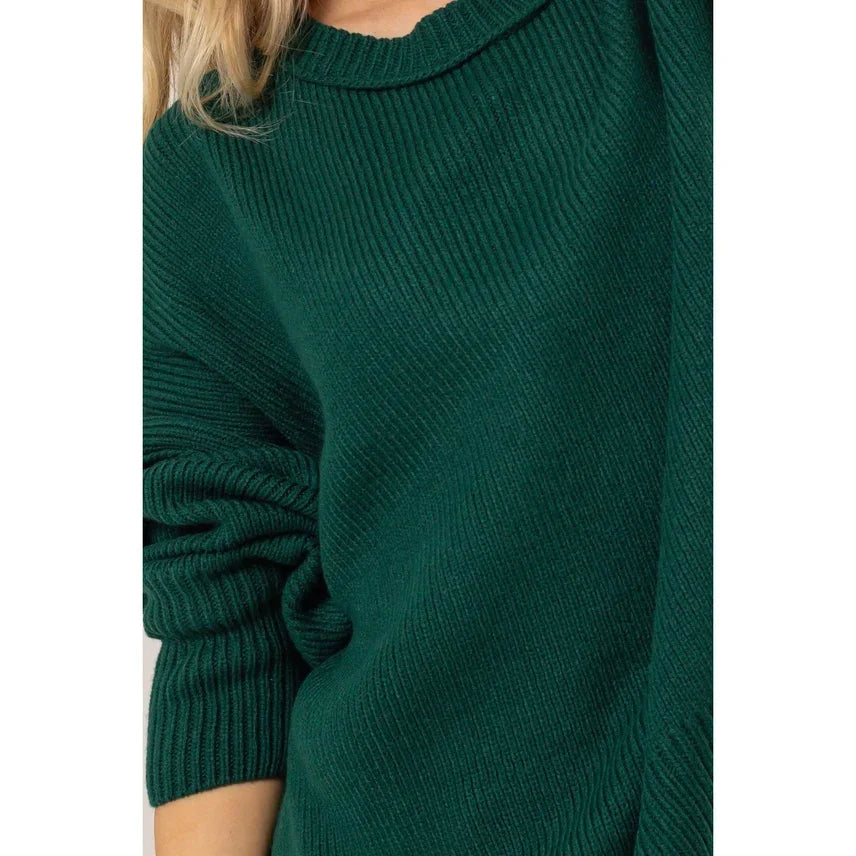 Forest green ribbed knit sweater from Shop Daisy, ideal for women’s boho chic clothing