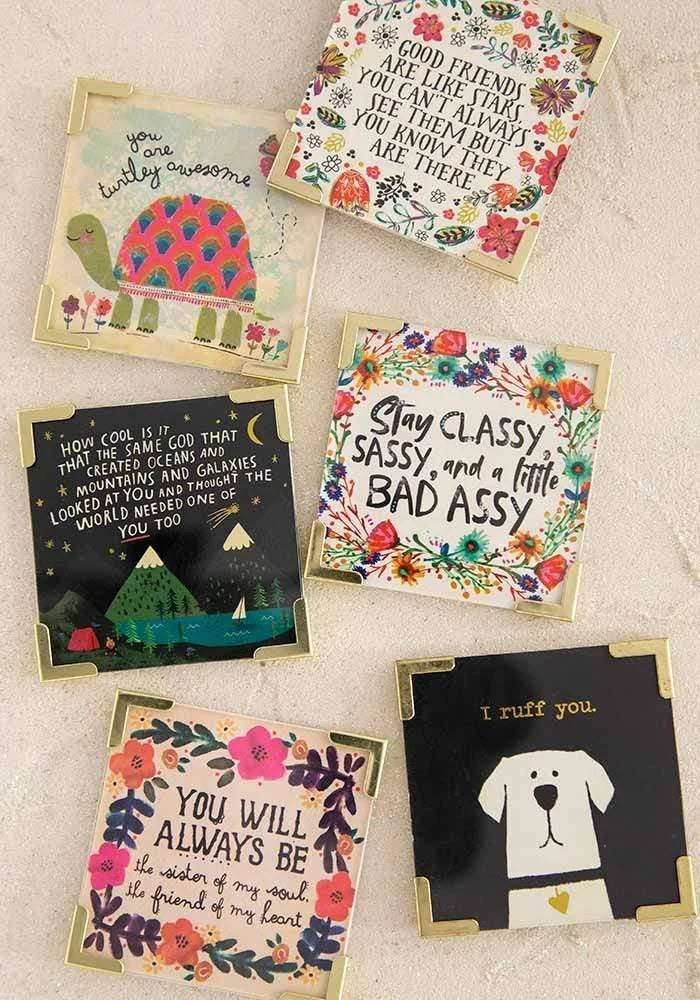 Four coasters featuring unique designs and quotes from the Turtley Awesome Corner Magnet