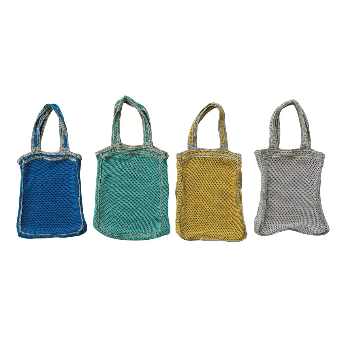 Four colorful cotton blend crocheted tote bags displayed in a stylish blend crocheted tote