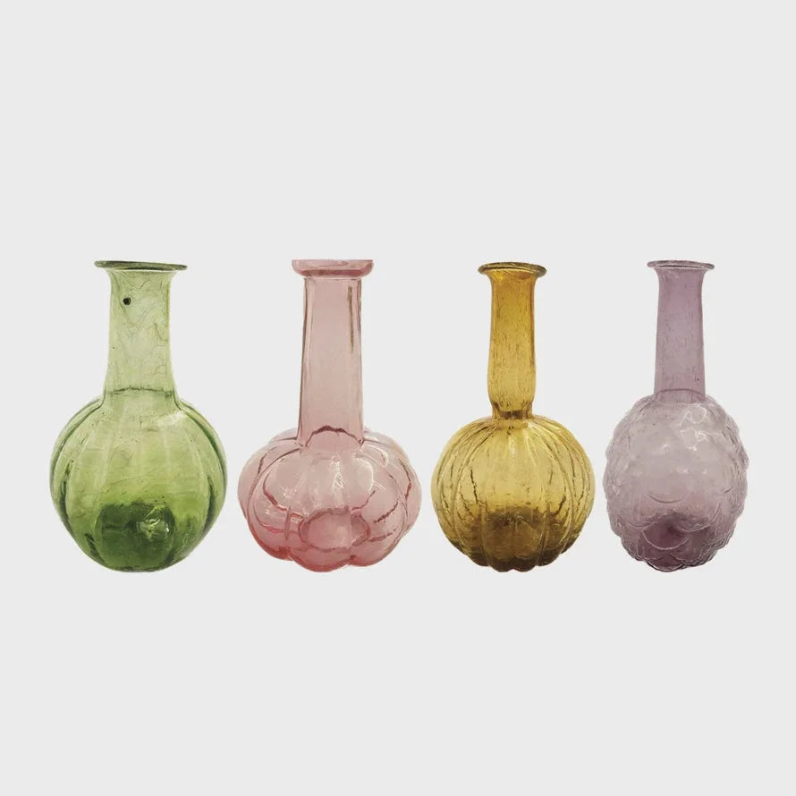 Four colorful hand-blown recycled glass vases in unique shapes and pastel hues