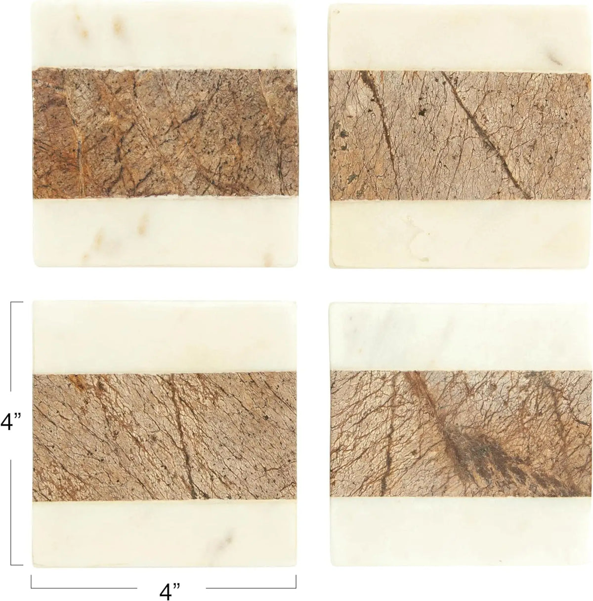 Four textured rectangular marble coasters in elegant designs with jute string