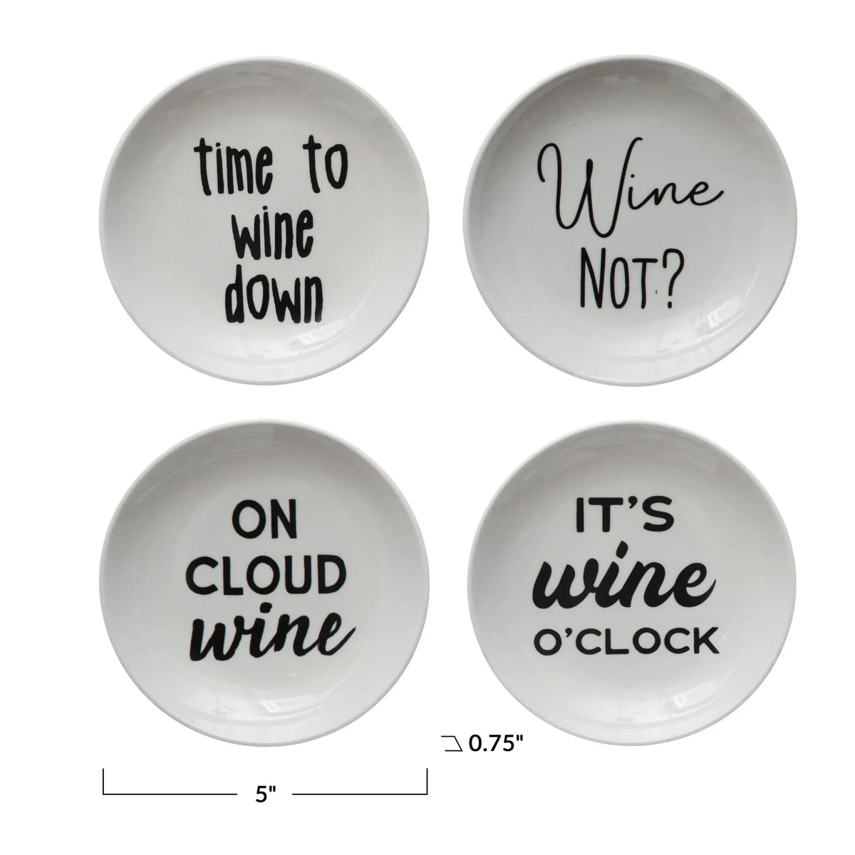 Four white stoneware dishes with wine sayings displayed from Shop Daisy suitable for women’s boho chic clothing advocators