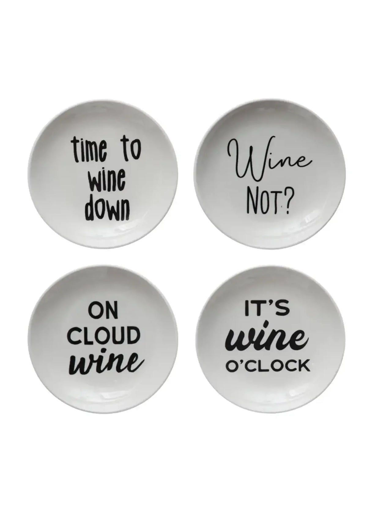 Four white stoneware dishes with wine sayings, perfect for women’s boho chic clothing displays at Shop Daisy