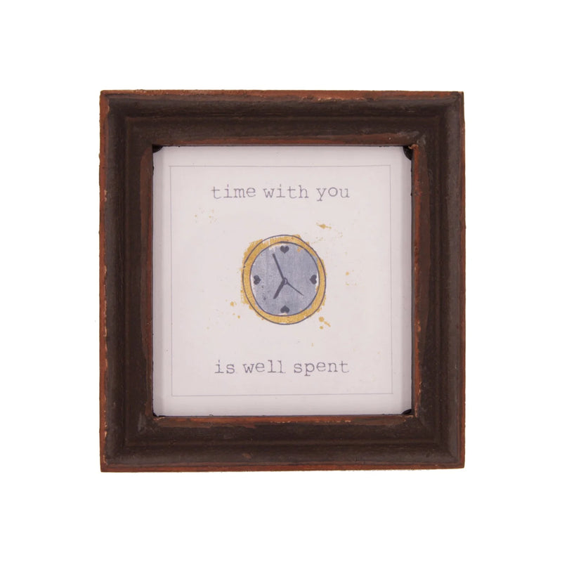 Framed clock artwork in small wooden frame with I’m with you is split design