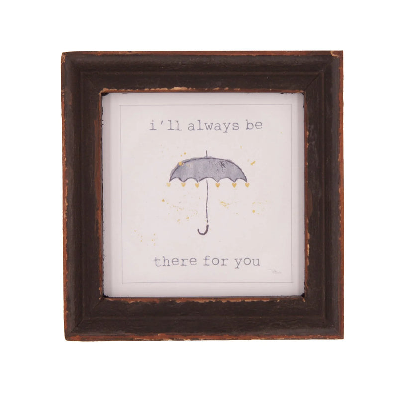 Framed decor featuring an umbrella and comforting words in wood framed design