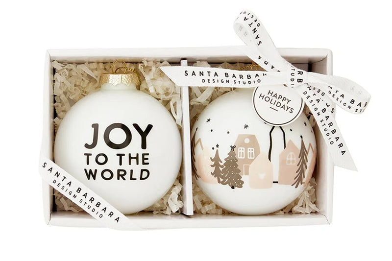 Gift box with two decorative glass Christmas ornaments in a Christmas ornaments set