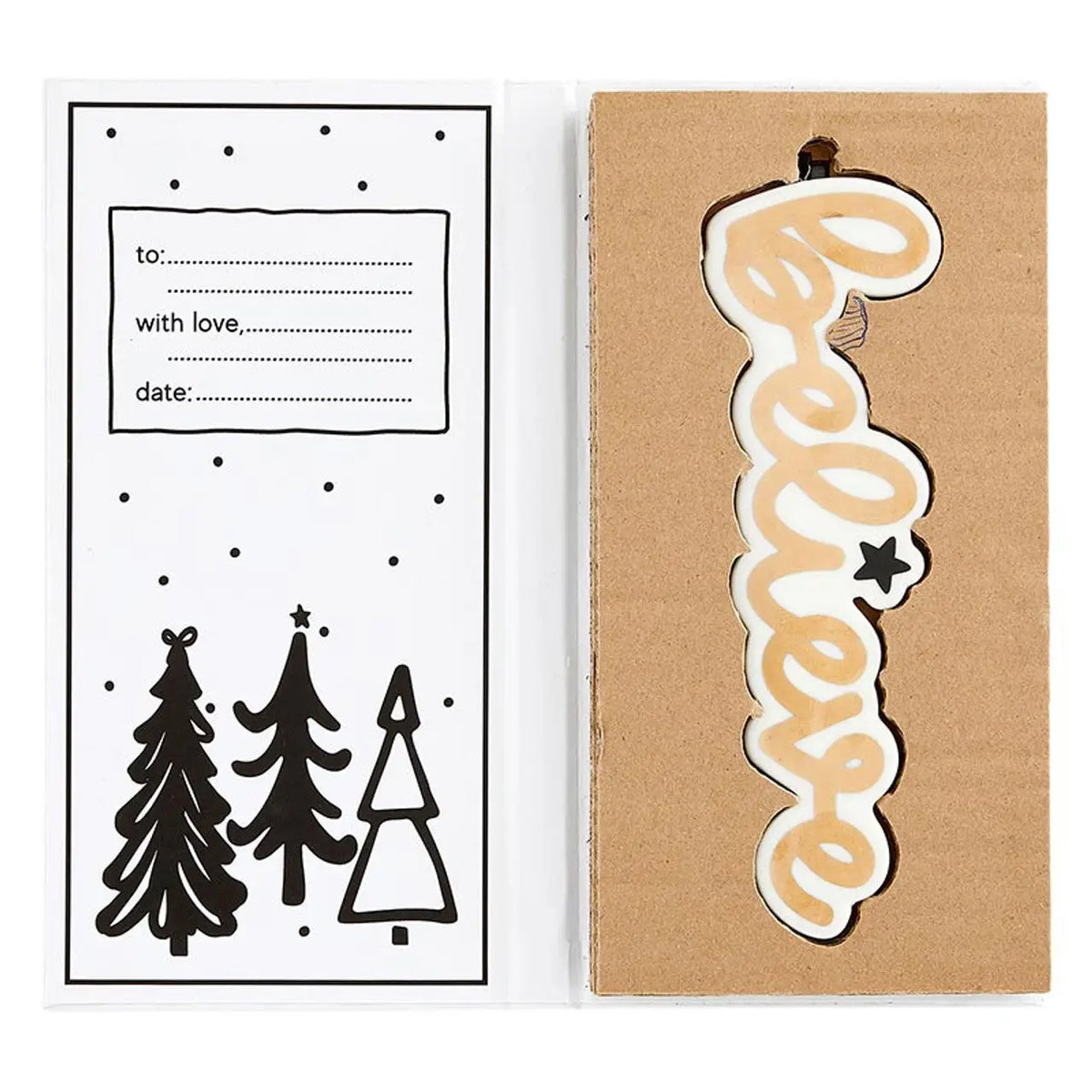 Winter-themed gift tag set with a believe ornament in a Holiday Tree Ornament gift box