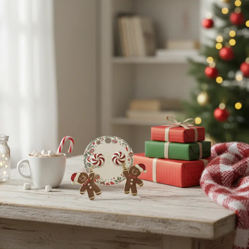 Gingerbread man and peppermint dangle earrings set in brown and white