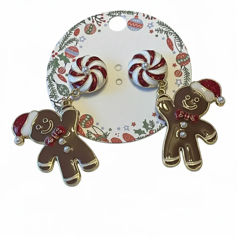 Festive gingerbread man and peppermint dangle earrings with swirls