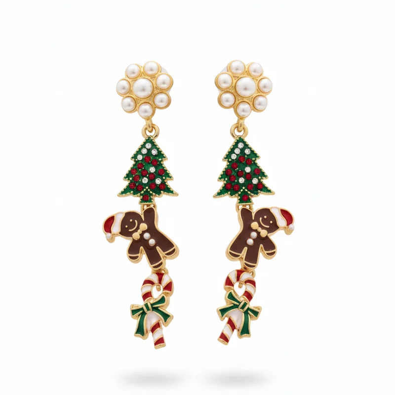 Whimsical Christmas charm dangle earrings with gingerbread man design
