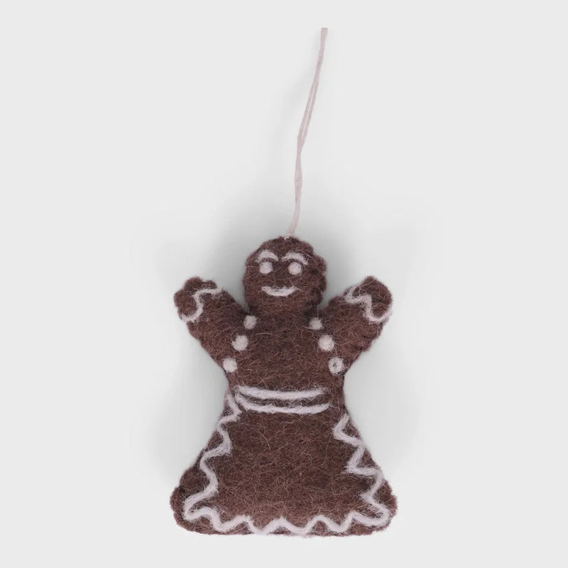 Handmade gingerbread woman ornament with felt and icing details