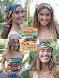 Colorful pattern headwrap headband in Full Boho Bandeau design - Blue Coral Cream Floral