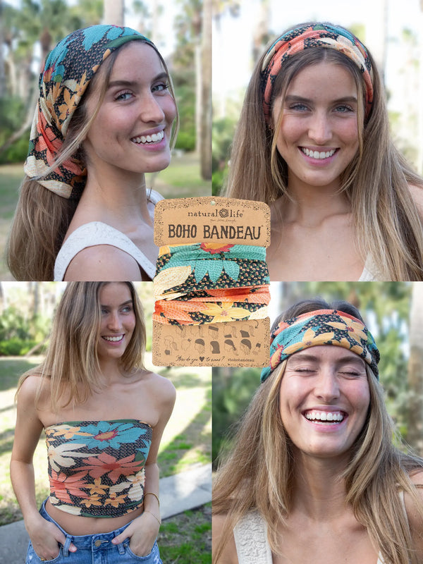 Blue Coral Cream Floral Boho Bandeau Headband - Soft  display picture 1