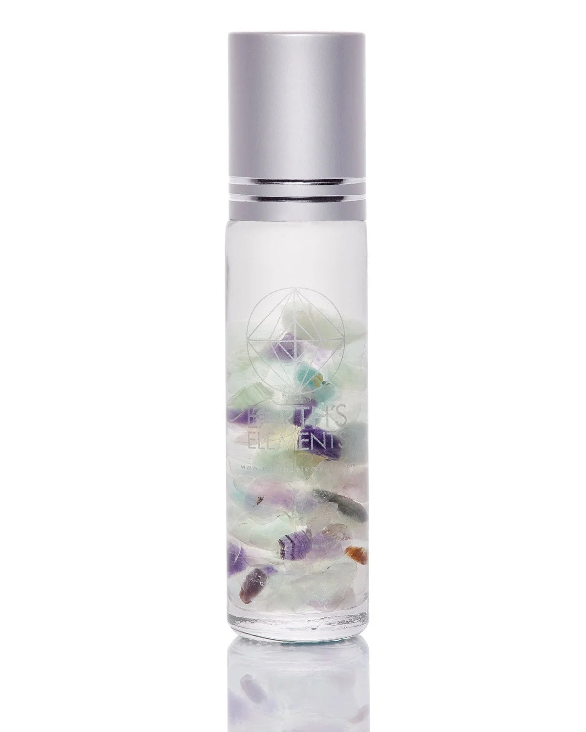 Glass bottle with colorful crystals and organic essential oils in CRYSTAL ROLL-ON – INTUITION