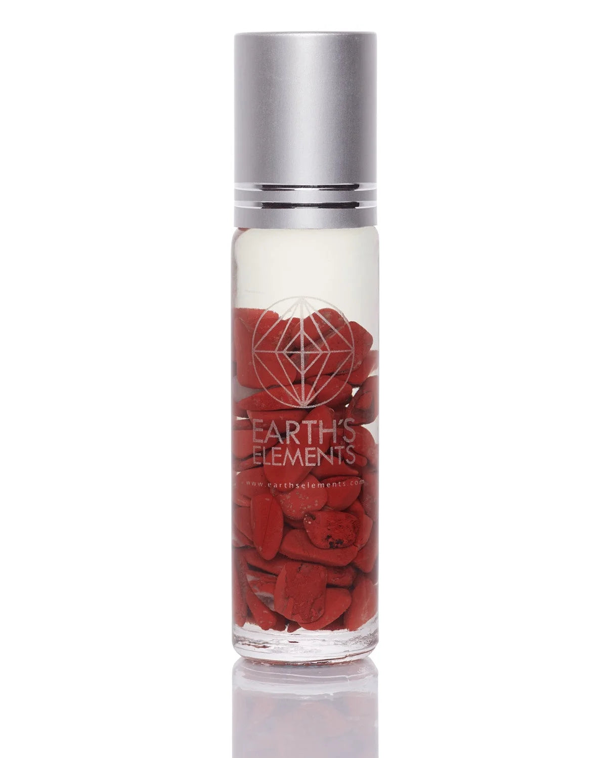 Glass bottle with red rose petals and a silver cap, labeled Earth’s Elements, ideal for essential oils