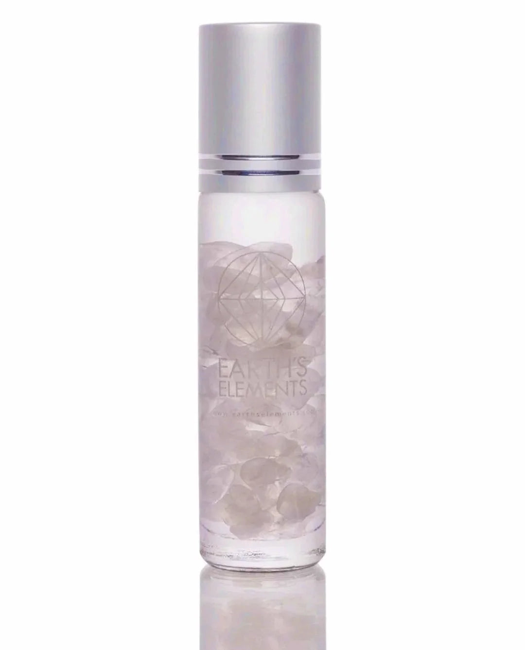 Glass bottle with silver cap holding white crystals for CRYSTAL ROLL-ON-LOVE, perfect gift