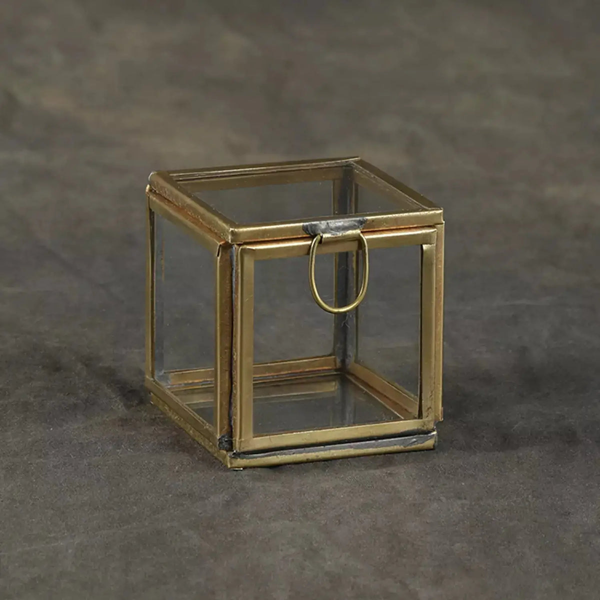 Leaded glass and brass cube display box with hinged lid by Pierre Demi Leaded