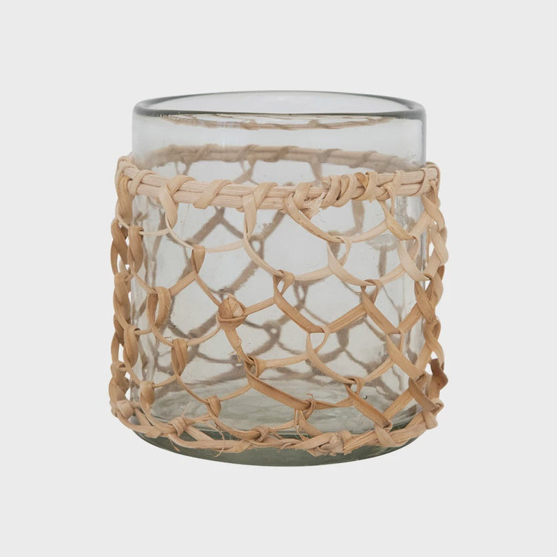 GLASS RATTAN WRAPPED VOTIVE HOLDER WITH WOVEN RATTAN SLEEVE