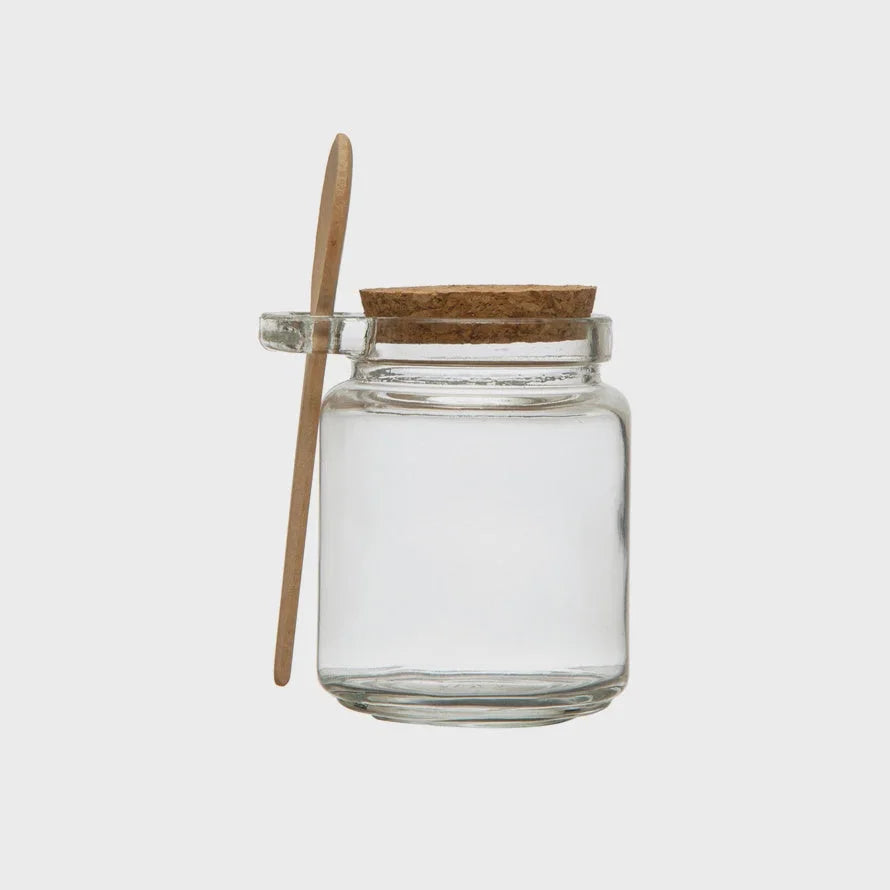 12 OZ Glass Jar with Cork Lid & Wood Spoon elegantly displayed for stylish storage