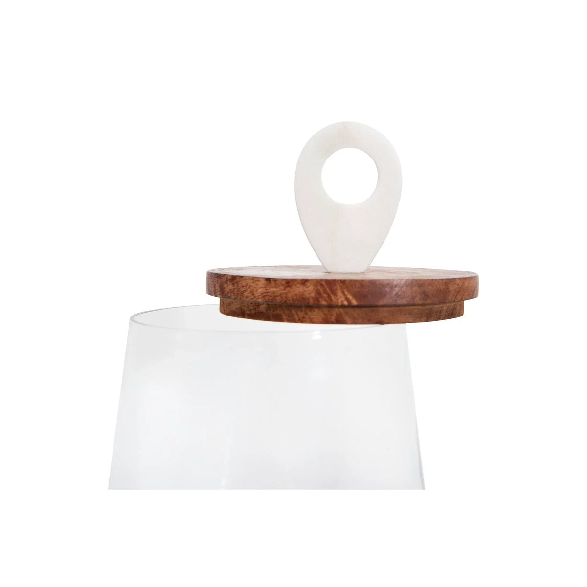 Glass jar with mango wood and marble lid featuring a white ceramic handle