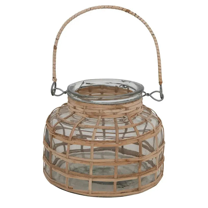 Glass Rattan Wrapped Tealight Holder with Handle, perfect for women’s boho chic decor