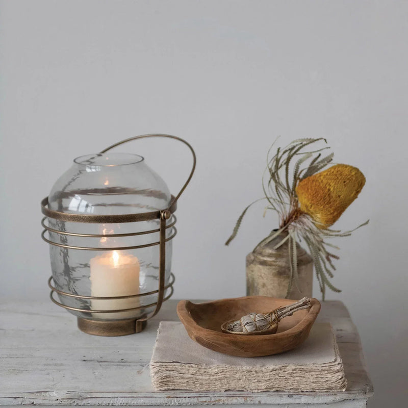 Glass lantern with metal cage and candle by Teak Wood Bowls set of 3