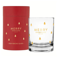 Glass tumbler with Merry Everything design and gift box for holiday stemless wine decor