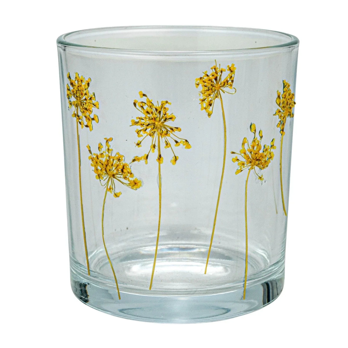 Glass vase with yellow flowers on Wood Tray Embossed Glass Tealight Holder Set