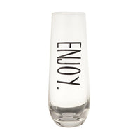 Elegant stemless champagne flute with ’enjoy’ text, perfect for celebrations