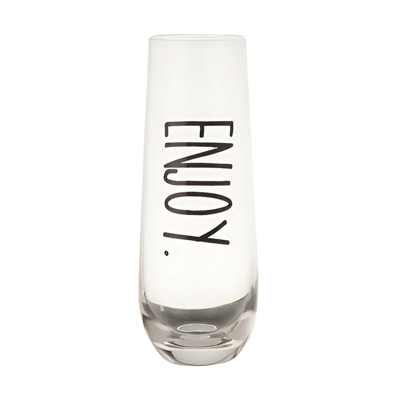 Elegant stemless champagne flute with ’enjoy’ text, perfect for celebrations