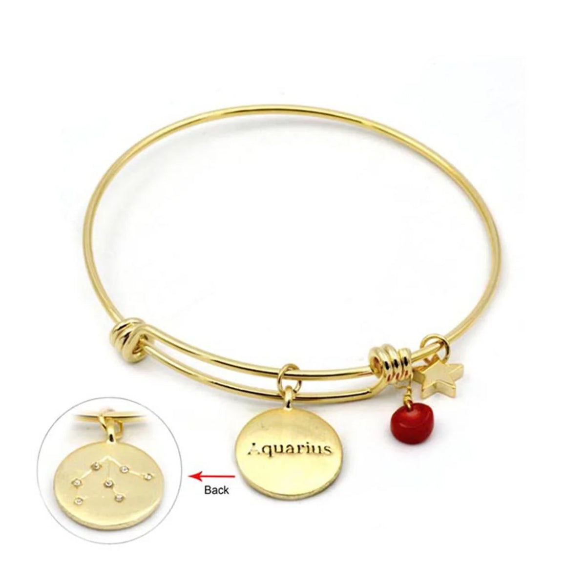 Gold bang bracelet featuring red bead and charm, part of Zodiac Sign Bracelets collection