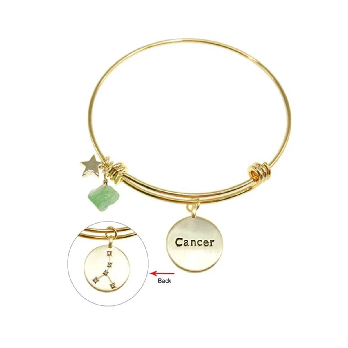 20 Karat Gold Plated Cancer Zodiac Bracelet with Star Charm and Green Bead