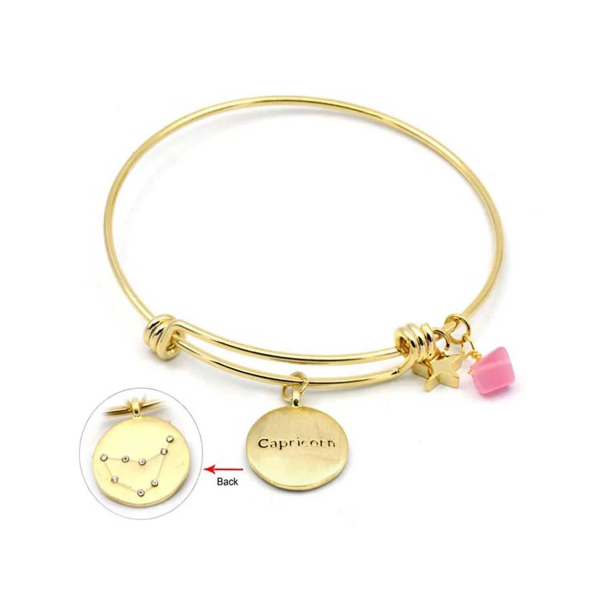 Gold bang bracelet with pink heart charm, part of 20 Karat Gold Zodiac Sign Bracelets