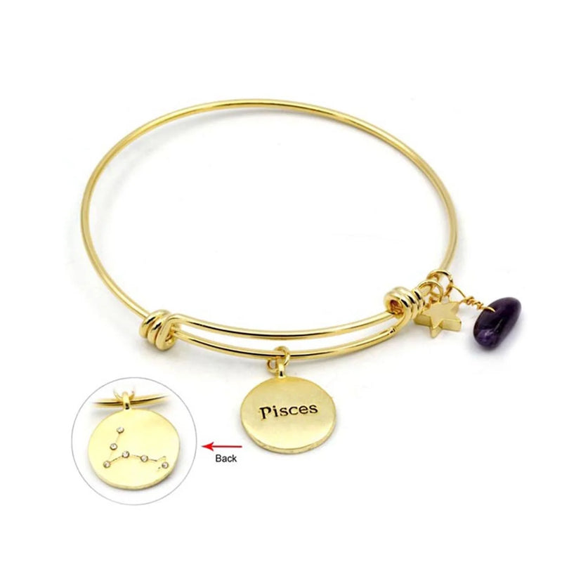 Gold bang bracelet with purple stone charm in 20 Karat Gold Plated Pisces Zodiac Bracelet