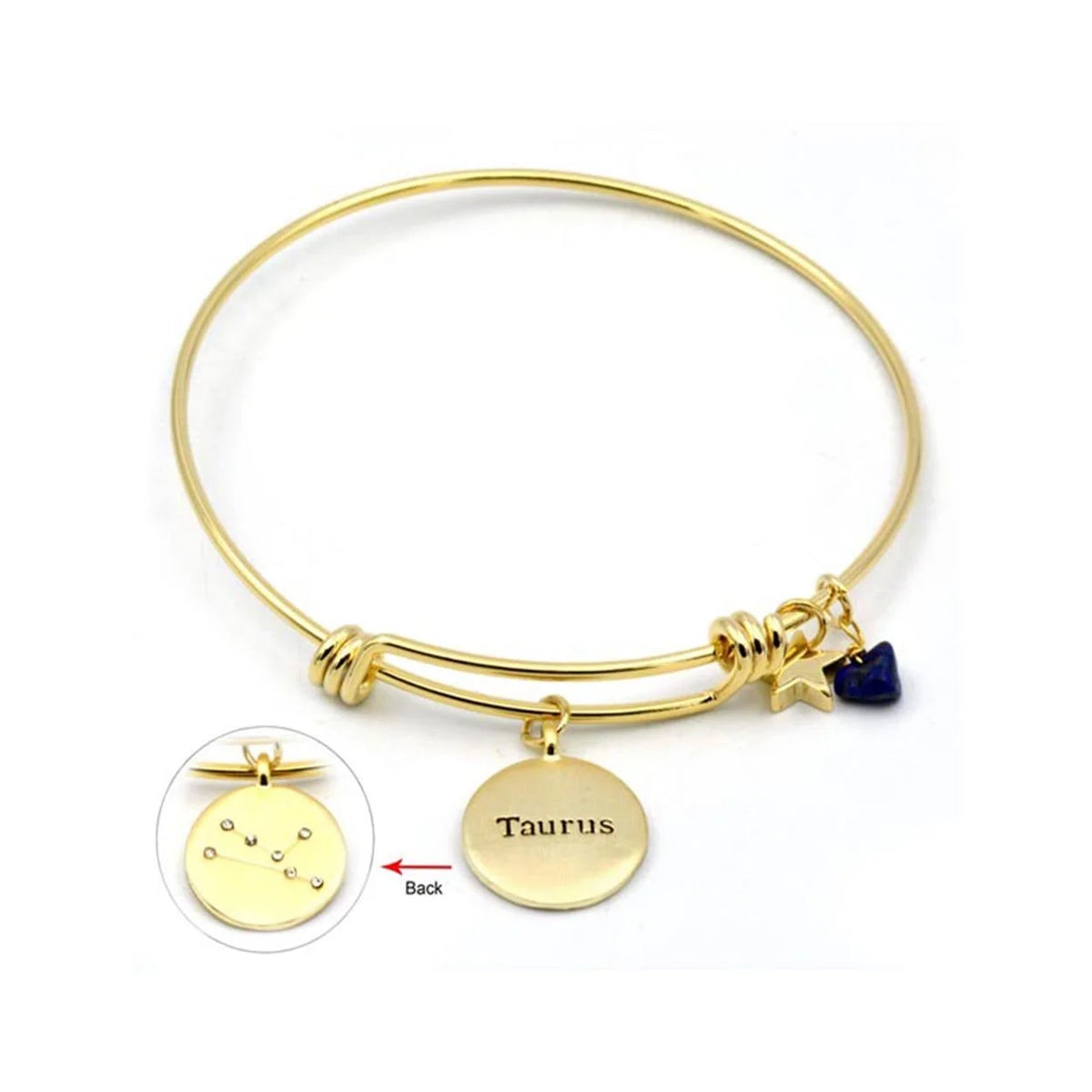 Gold bang bracelet with smiley face and blue bead for Taurus zodiac sign and style