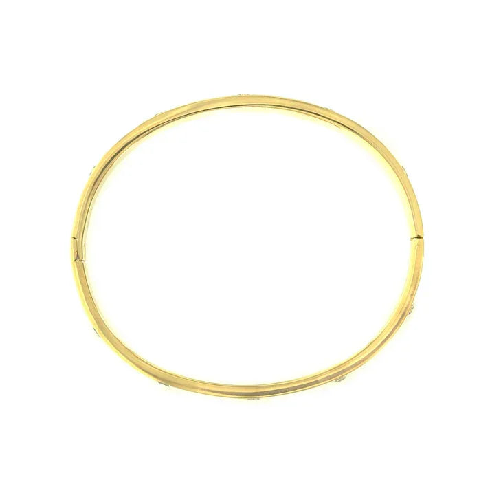 Gold bangle bracelet with hinge closure and cubic zirconia accents, water resistant cubic zirconia jewelry