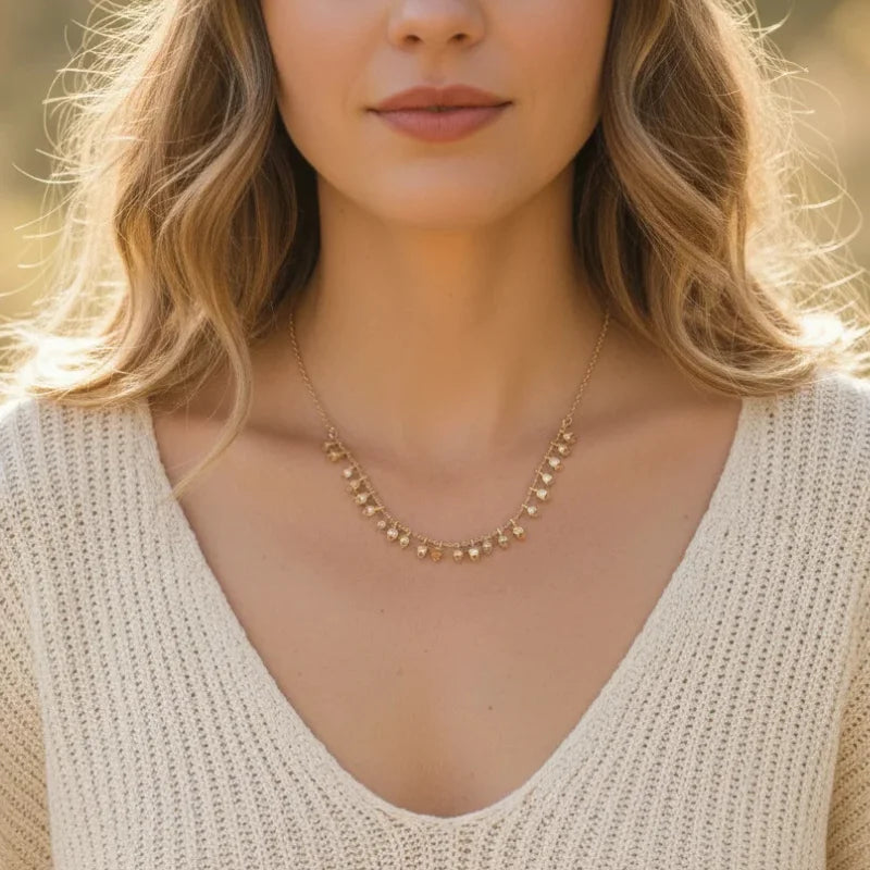 Bohemian dainty gold charm necklace with delicate beaded chain