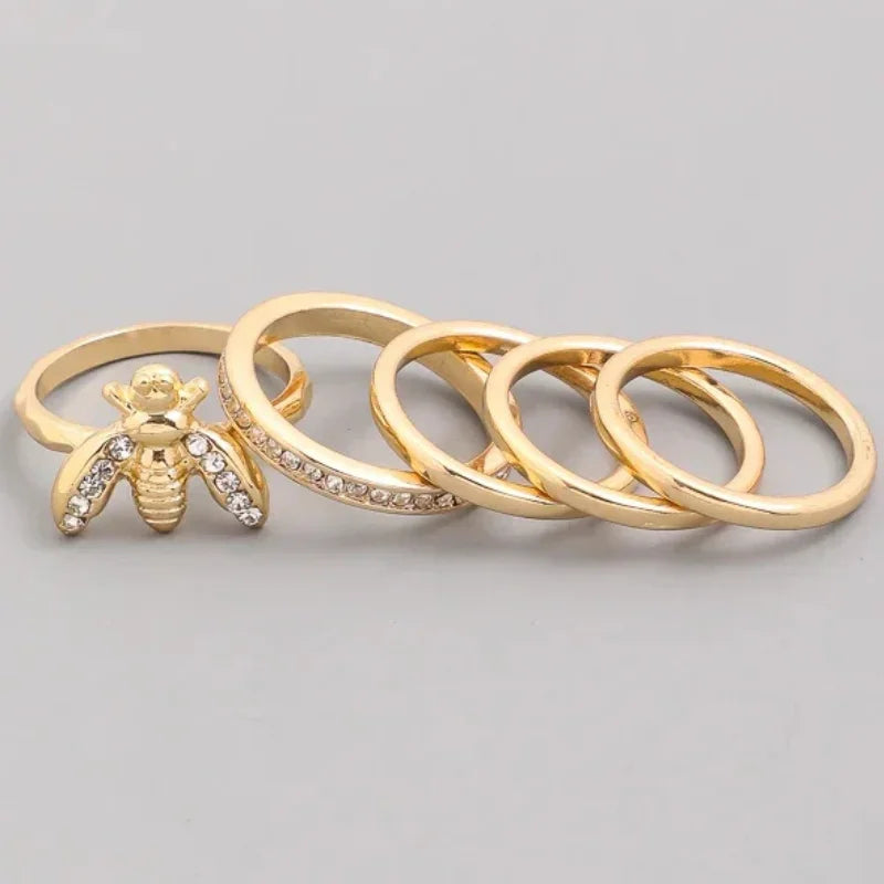 Gold Bee Charm Ring Set with Cubic Zirconia, Honey Bee 5PC