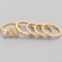 Gold Bee Charm Ring Set with Cubic Zirconia, Honey Bee 5PC