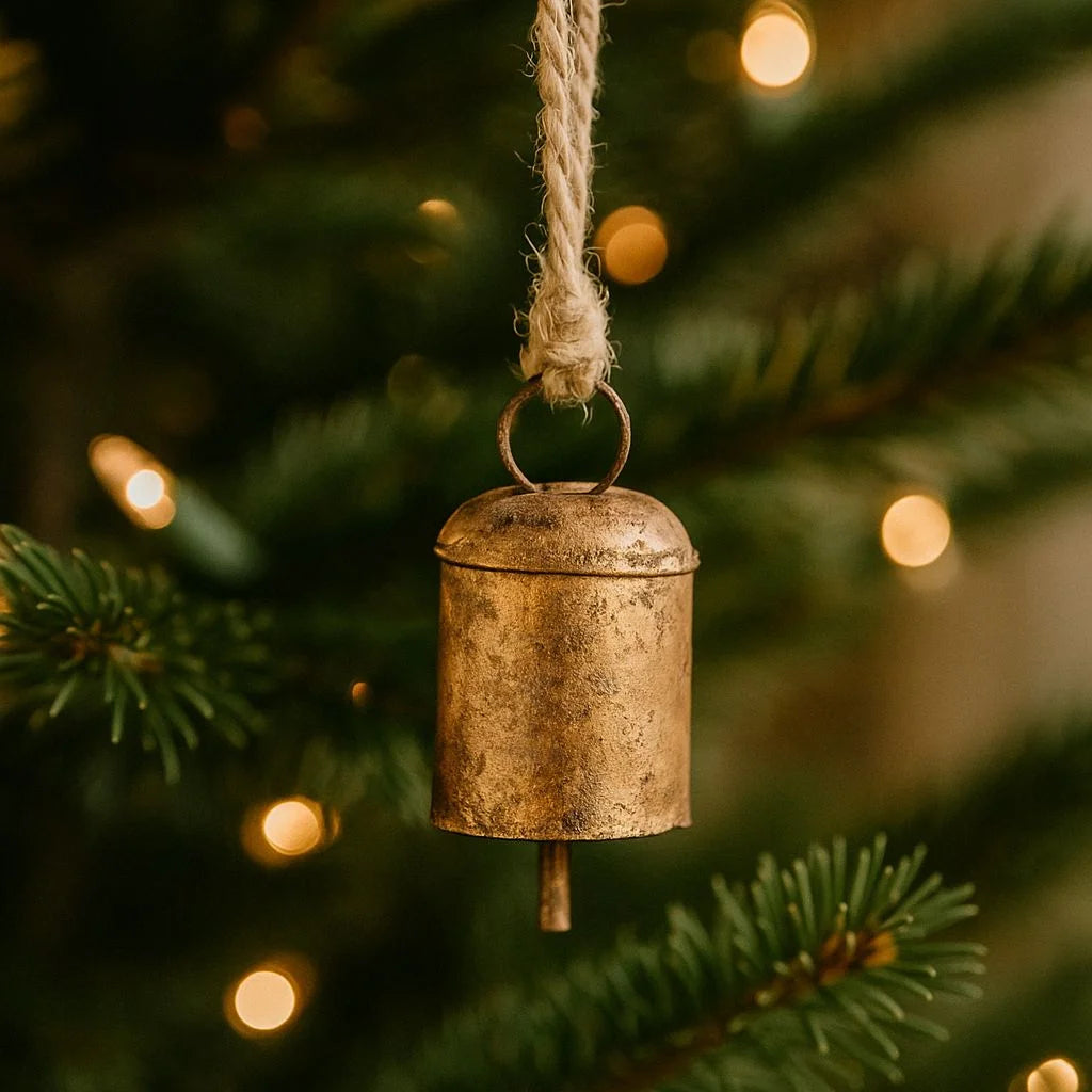 Rustic Barrel Brass Bell Ornament with Gold Rope Hanger