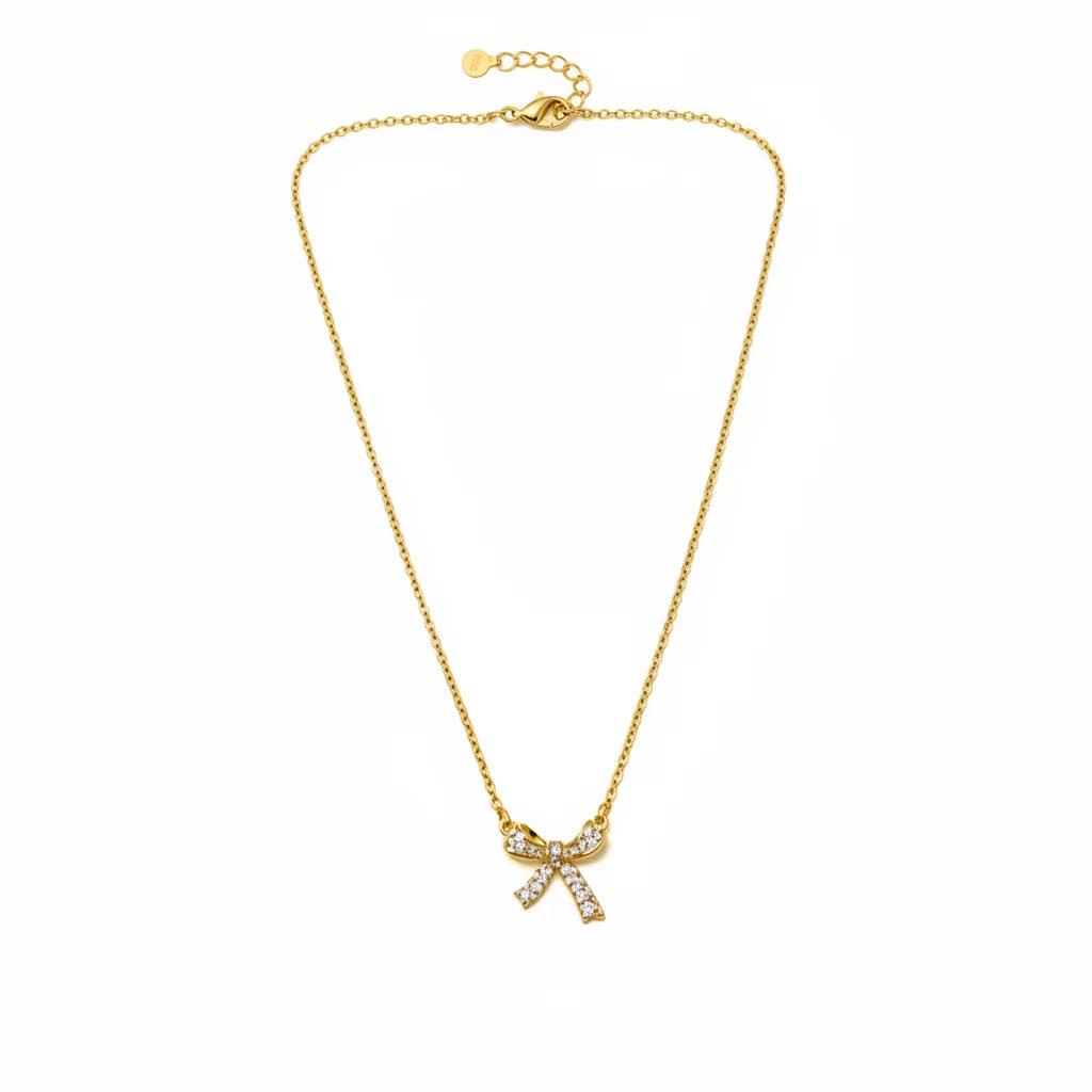 Gold Free Spirit Bow Charm Necklace with Diamond Accents
