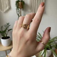 Bohemian adjustable gold clover ring with brown textured floral design