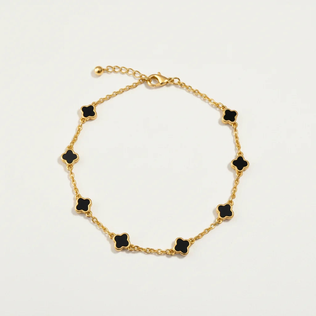 Gold dipped dainty clover bracelet with black charms for women’s boho chic
