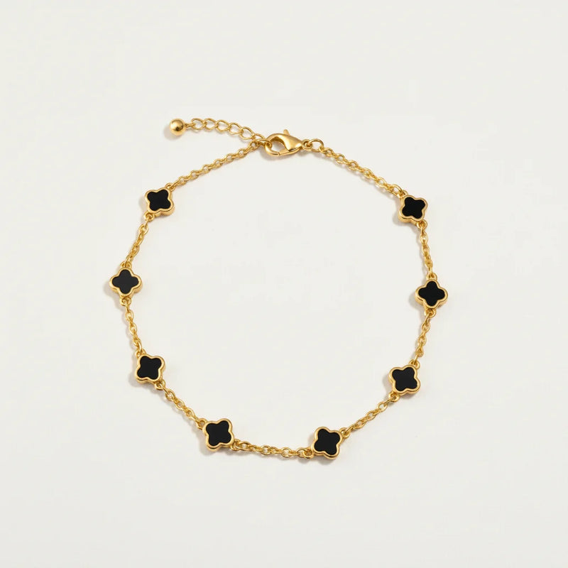 Gold dipped dainty clover bracelet with black charms for women’s boho chic