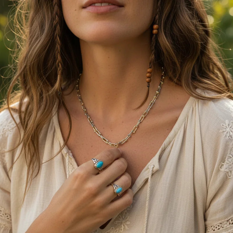Bohemian mixed link necklace with gold chain, turquoise rings, wooden beads