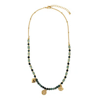 Earthy green gold charm necklace with beads, hearts, and coins
