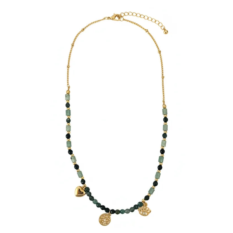 Earthy green gold charm necklace with beads, hearts, and coins