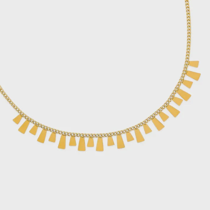 Water resistant tiny curb necklace with gold chain and rectangular dangle charms