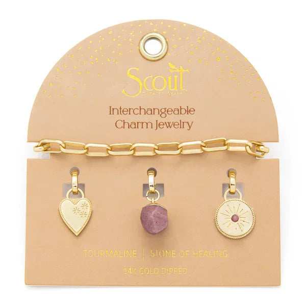 Interchangeable healing gold charm bracelet with tourmaline heart stone coin pendants for women’s boho chic style